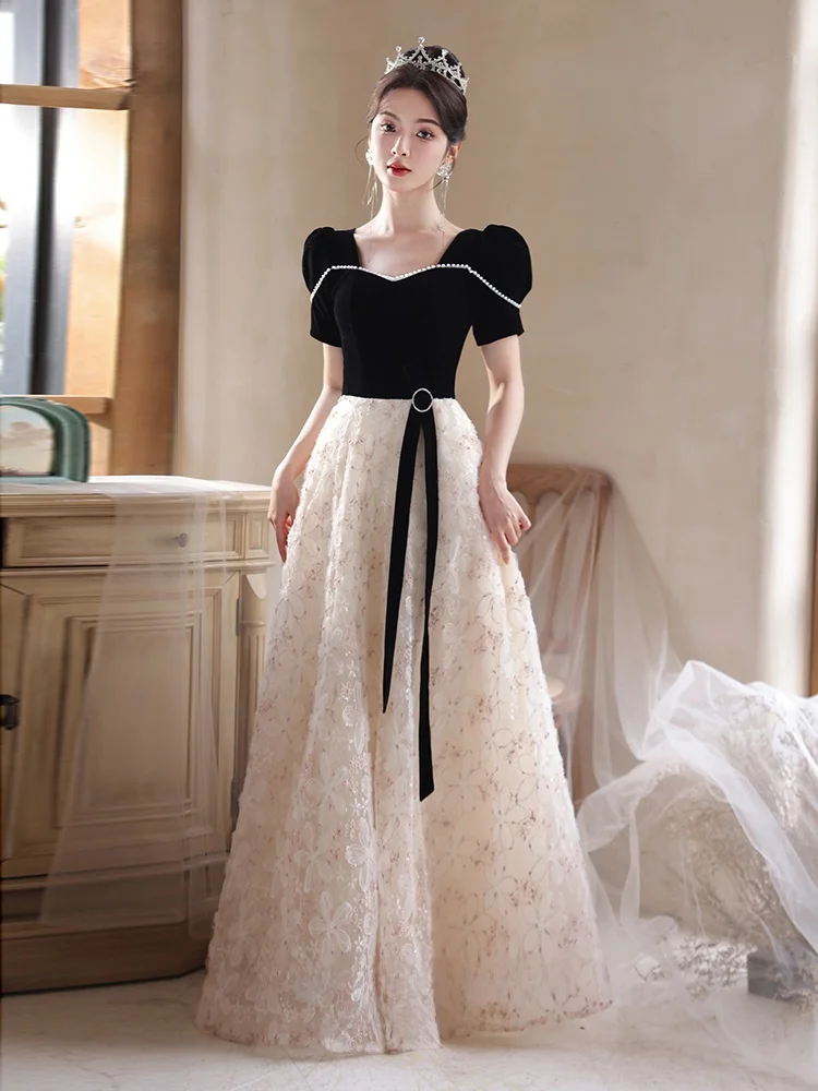 

Ele Bla Princ Sle Evening Gown for Women mid Waist Ball Host Luxury mat High End Feel Wedding Dr