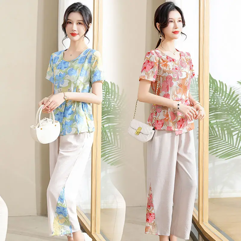 

Middle Age Mom Summer Fashionable Outfit for Elderly Women Short Sleeve Top Two-piece Set