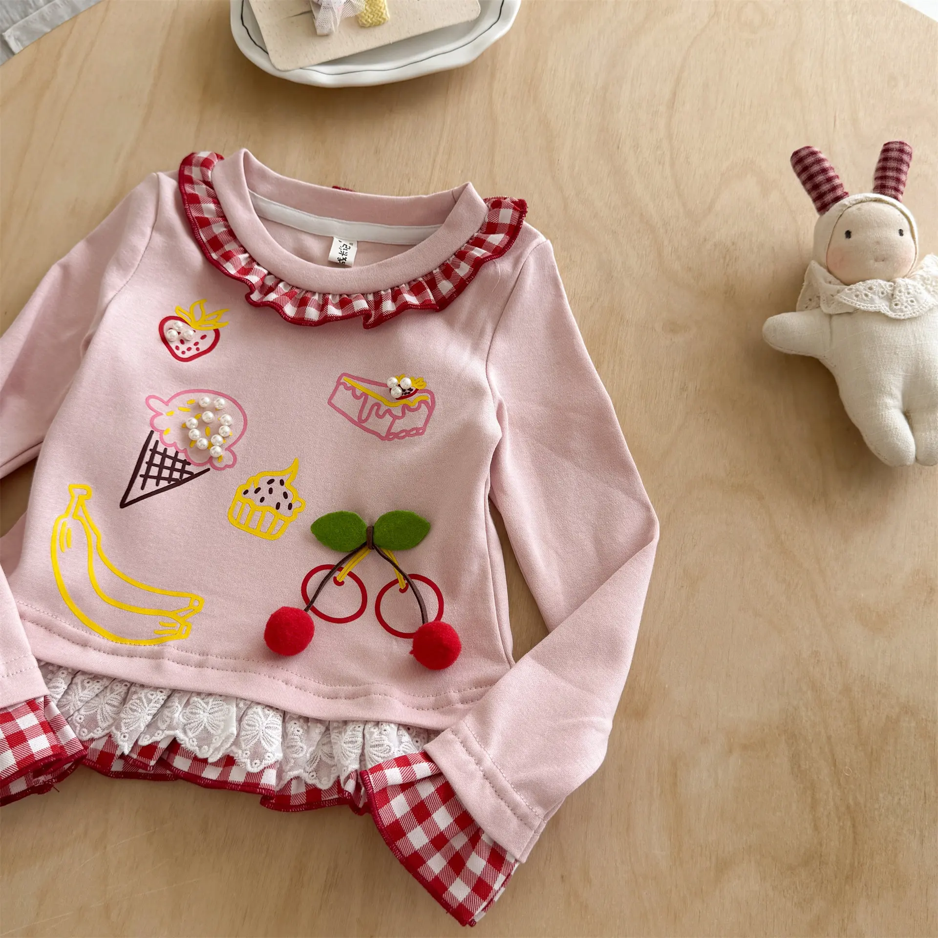 Girls T-shirt 2026 Autumn and Winter New Childrens Clothing Korean Girl Baby Casual Pure Cotton Lace Pearl Decoration T-shirt