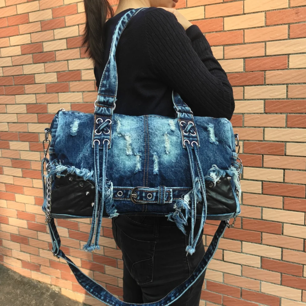 Denim tie-dye women handbag Large capacity Jeans Tassel female Shoulder Bag Travel big totes Fashion rivet Ladies crossbody bag