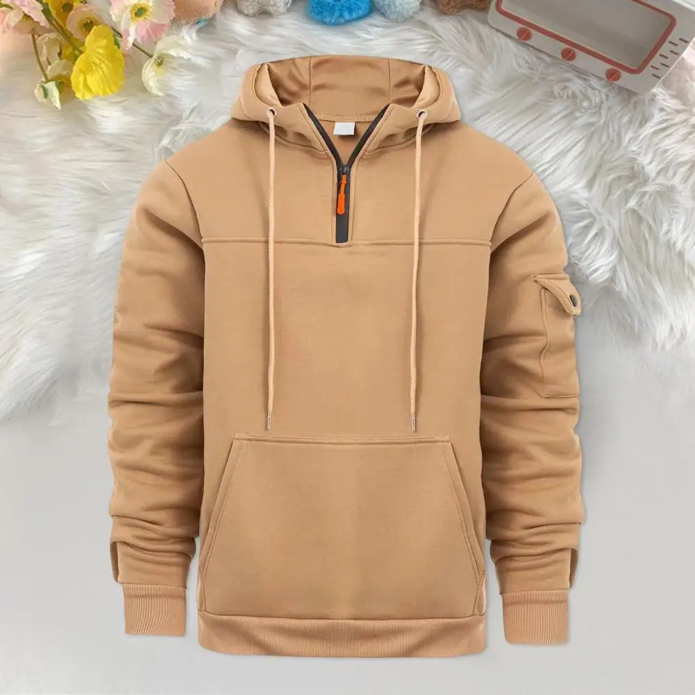 Windproof Hoodie Men's Fall Winter Hoodie with Drawstring Big Pocket Solid Color Retro Thin Loose Casual Sport Top for Daily