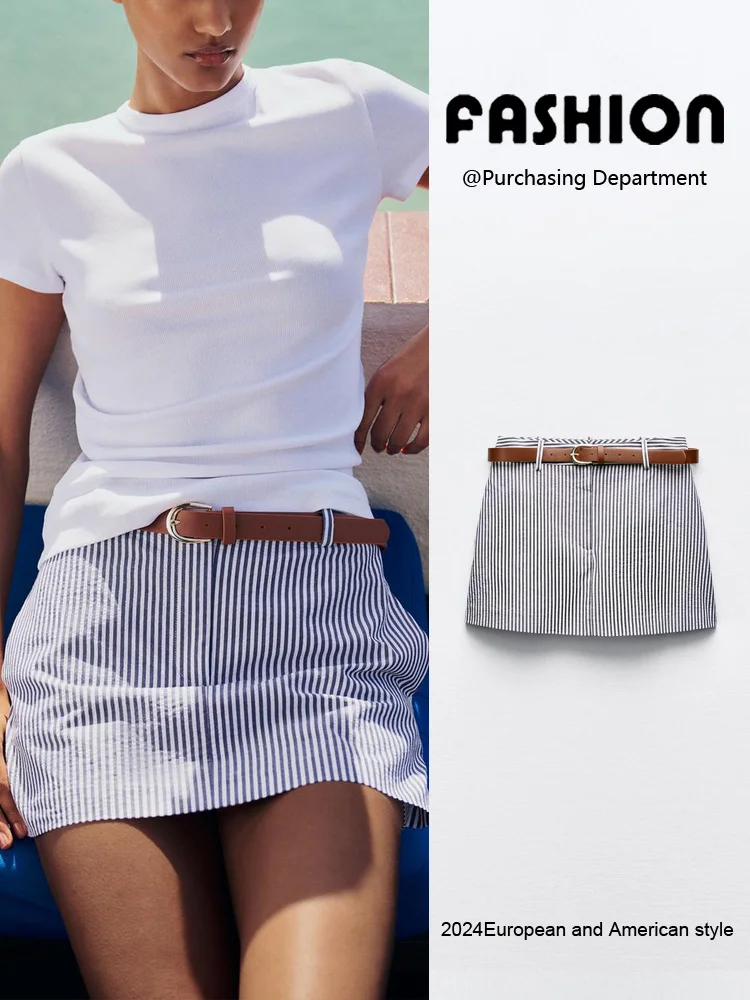 Faionable Casual Stripe ort กระโปรงกางเกงผู้หญิงมาใหม่ฤดูร้อน A-Line กระโปรงสบาย Fit ซิปรายละเอียด