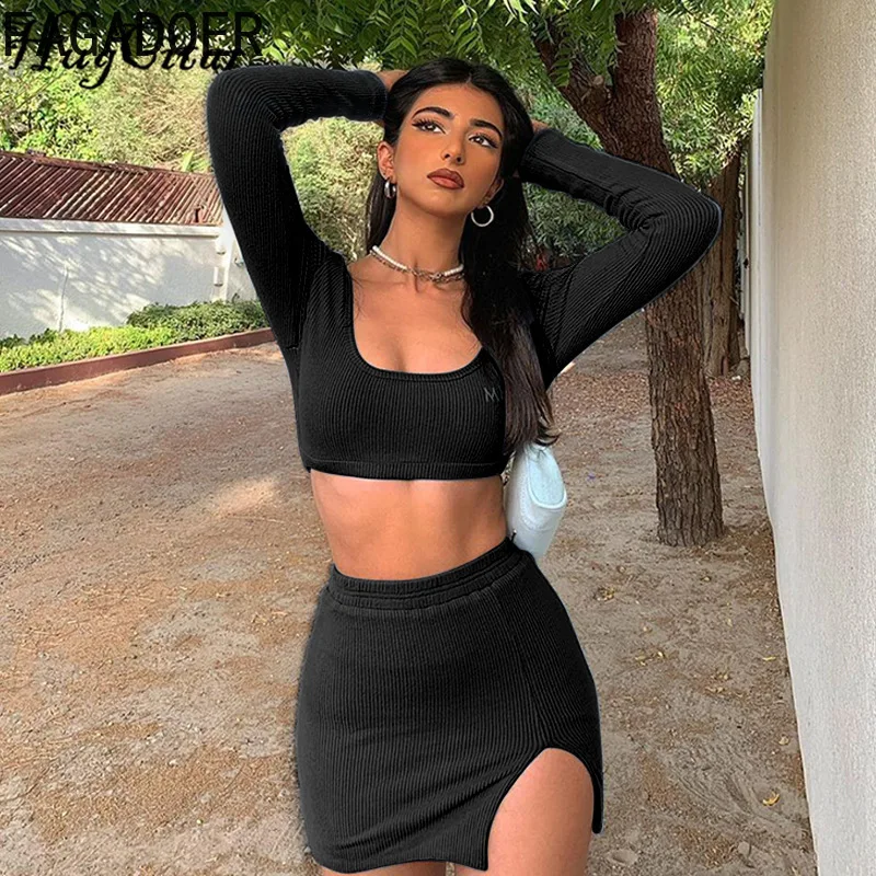 FAGADOER Fashion Y2K Street Style Women Ribber Long Sleeve Crop Top + Mini Slit Skirts Two Piece Sets Casual Solid 2pcs Outfits