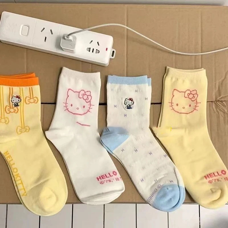 4Pcs Hot Sanrios Four Seasons Female Medium Socks Kawaii Hello Kitty Cartoon Cute Anti-Slip Student Sports Socks Household Items