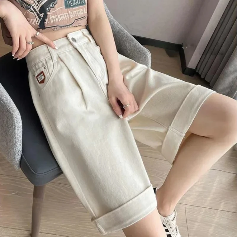 

Korean Knee Length Solid White Denim Shorts for Women Summer Women's High Waist Cotton Wide-leg Short Pants Loose Button