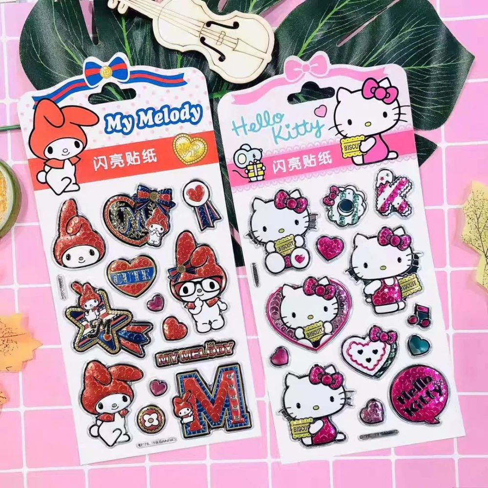 Adesivi glitter originali Sanrio Hello Kitty Melody Cartoon Toy Decalcomanie per chitarra Skateboard Telefono Decorazioni per laptop Regali per ragazze