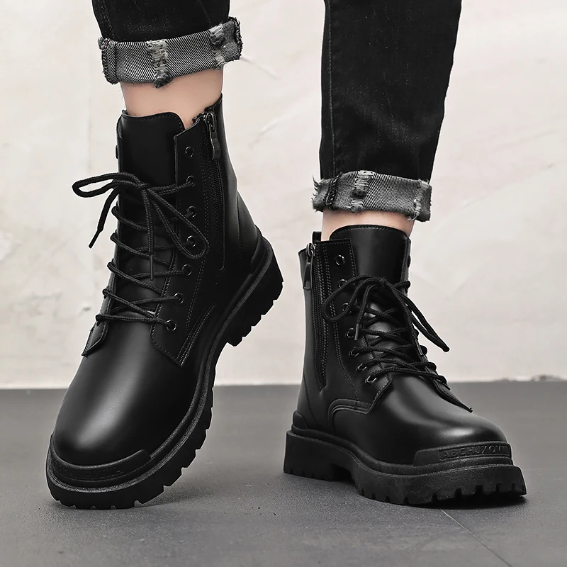 Brand Boots Autumn Winter New Leather Ankle Boots Men\'s Motorcycle Boots Lace Up Trend Short Boots Youth Round Toe Work Shoes