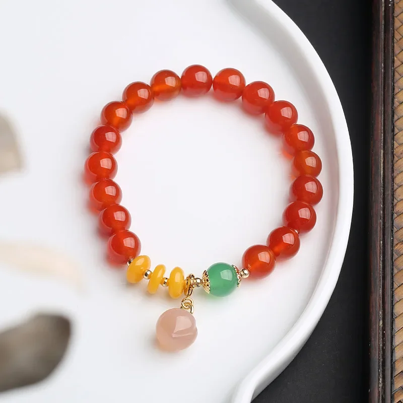 

Ethnic Pink Peach Pendant 8mm Natural Red/Green Agate Beaded Strand Bracelets for Women 14K Gold Plated Fine Jewelry YBR602