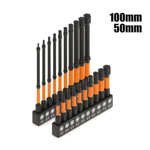 Allen Magnetic Wrench Bit 10/20pcs Impact Hex Head Allen Wrench Drill Bit Set，50-100mm H1.5-H8 Hex-Shank S2 Steel Hex Screwdriver Bits Metric Magnetic