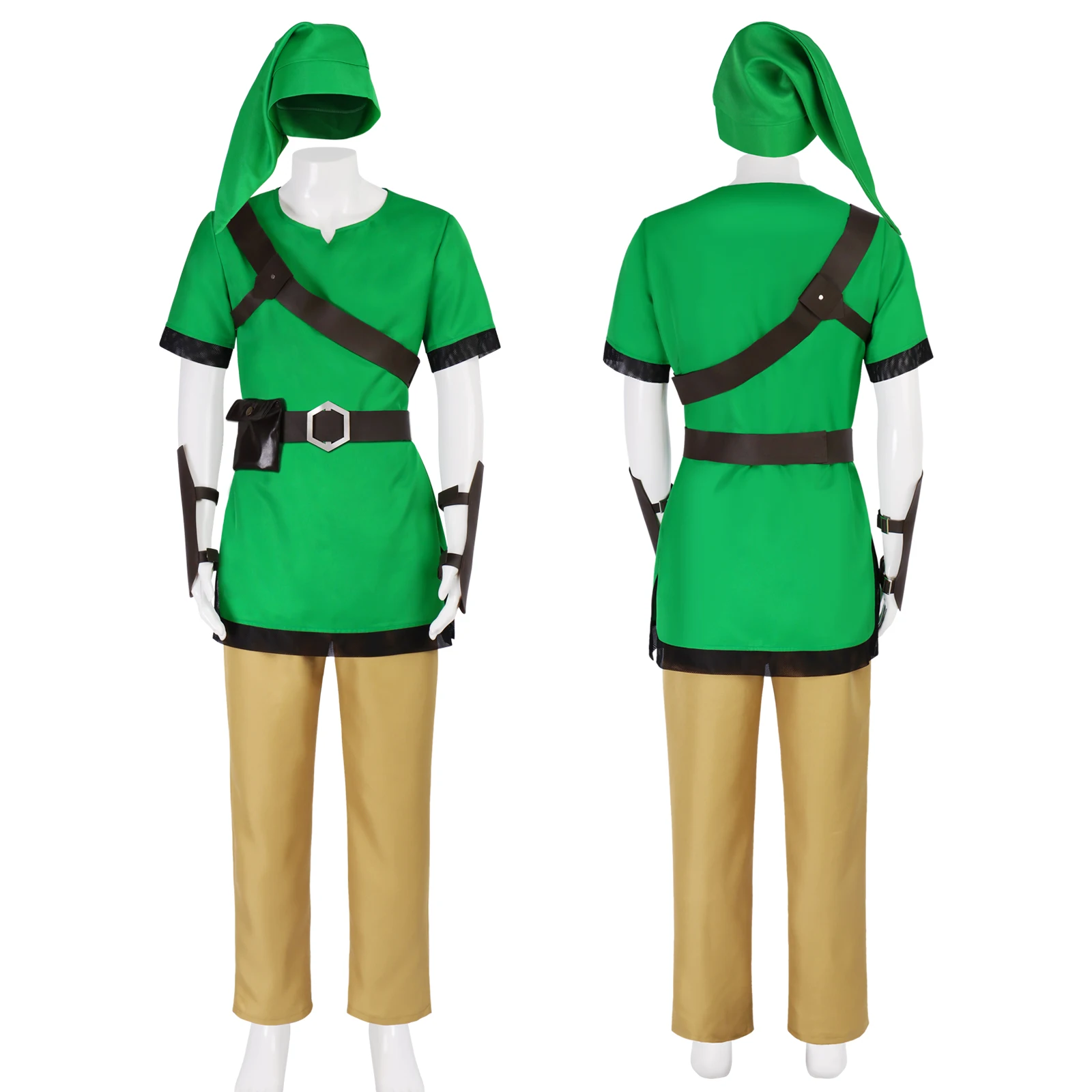 クラシックリンクコスプレ衣装セット ゼルダの伝説 グリーンチュニック ブラウンパンツ ベルト ハット ハロウィン アニメイベント パーティーコスプレ