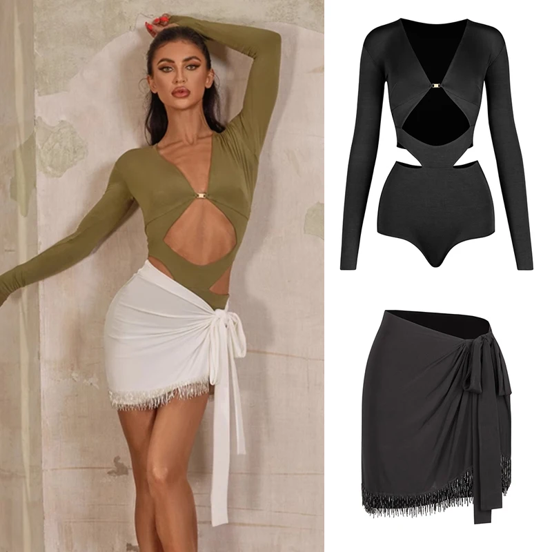 Sexy Latin Dance Clothing Women'S Latin Dance Costumes Deep V Cutout Top Dancing Top Tie-up Skirt Stage Training Suits SL10794