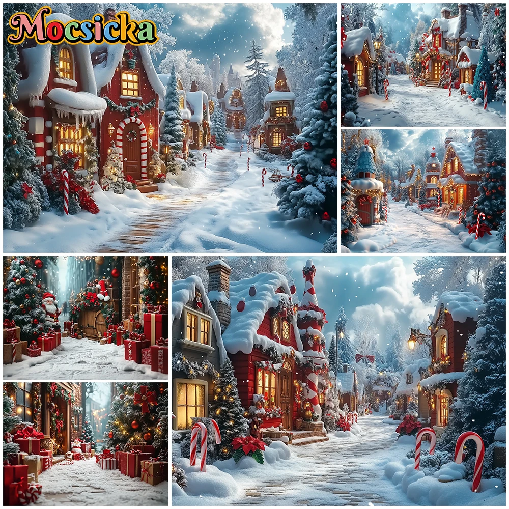 

Mocsicka Merry Christmas Background New Year Party Xmas Tree Winter Snow House Street Festival Backdrop Decoration Studio Banner