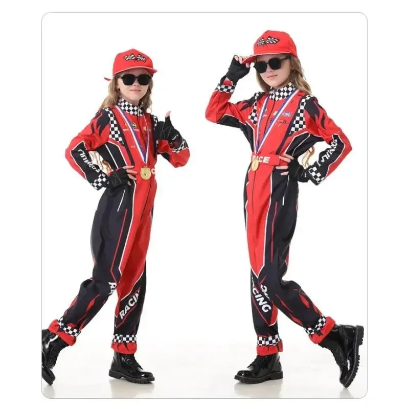 Teenager Racing Role-playing Costume Cosplay Jumpsuit with Belt Set for Racing Themed Performance Wear A Hat One-Piece Training view 5