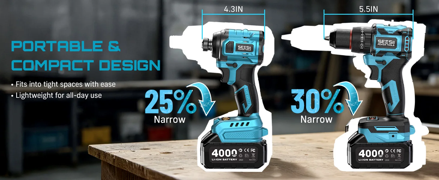 SEESII 3/8'' Drill & 1/4'' Impact Driver 21V Cordless Electric Brushless Drill Impact Wrench Variable Speed Screwdriver Battery Powered Tool Kit with 2x4.0Ah Batteries LED Light