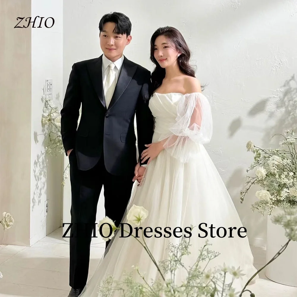 

ZHIO Elegant Wedding Dress A-Line Illusion Puff Sleeves Off the Shoulder Floor Length Bridal Gown Korea Photo Shoot Customized