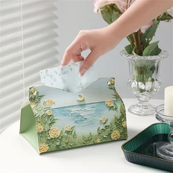 Oil Painting Tissue Storage Box PU Leather Napkin Holder Home Living Toilet Paper Case Creative Kitchen Tissue Organizer Boxes