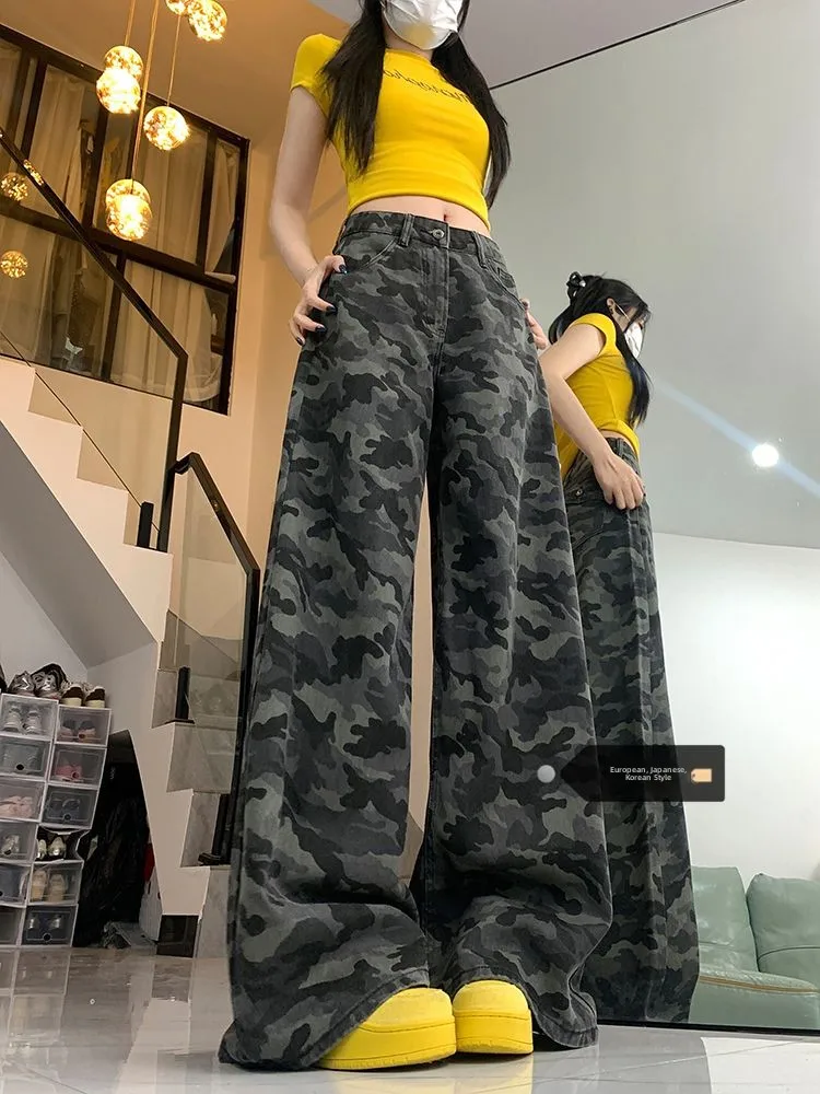 

High Waist Wide Leg Denim Work Pants Women's Retro Style Heavy Duty Summer New Arrival Casual Straight Cut Trousers