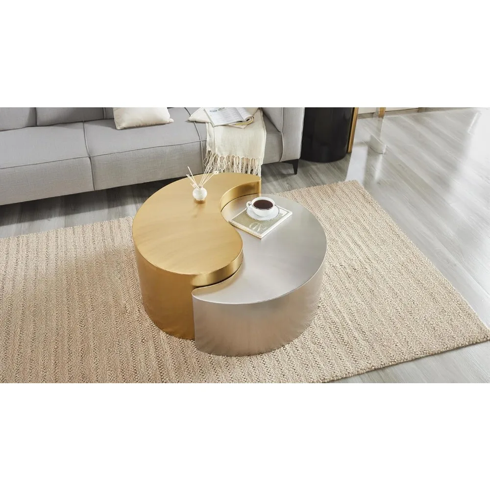 طقم طاولة قهوة Ying-Yang الفاخرة الحديثة والمعاصرة مقاس 36 بوصة، تصميم منحوت مع إطار من الألومنيوم لغرفة المعيشة والمدخل والمكتب