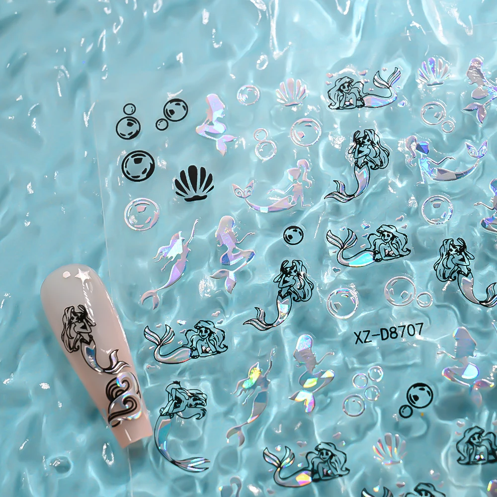 12Pcs Laser Blue Black Summer Sea Nail Stickers 3D Mermaid Shell Starfish Butterfly Press On Nails Slider Deco Shiny Nail Decals 3