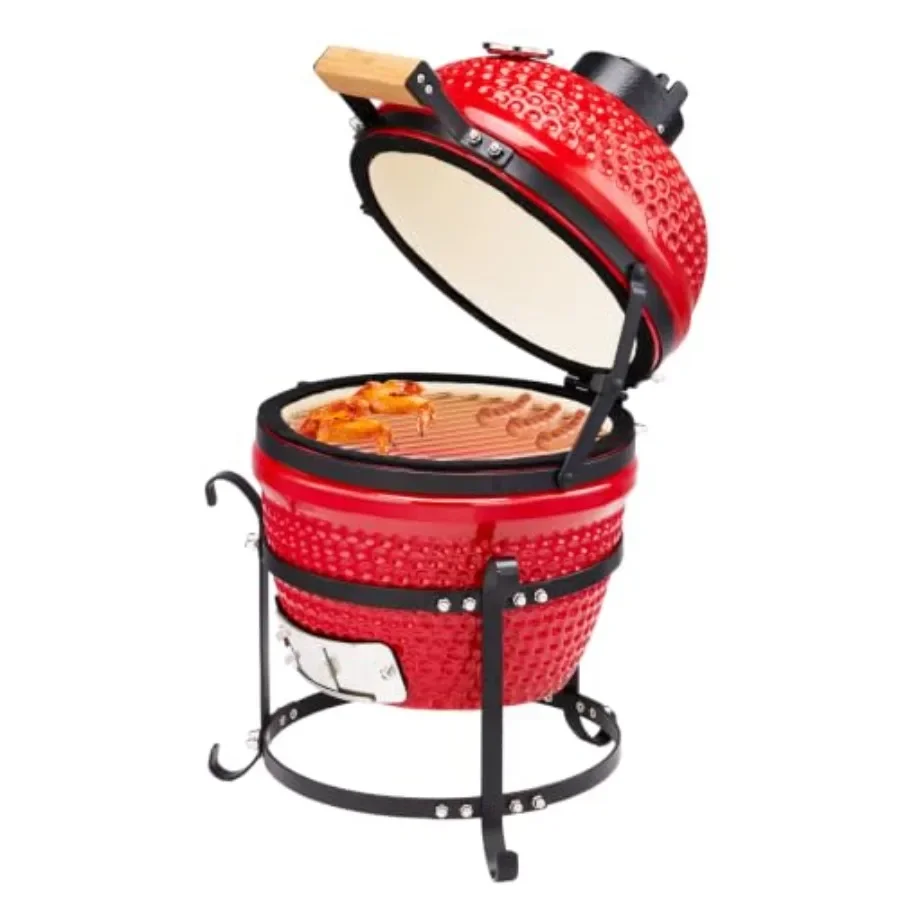 13 Round Kamado Charcoal Grill for outdoor cooking, ceramic material, red color, portable and heat-retaining design