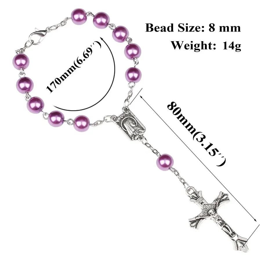 8MM Purple Glass Prayer Beads Bracelet For Women Vintage Crucifix Cross Charm Rosary Bracelet Female Party Jewelry Gift