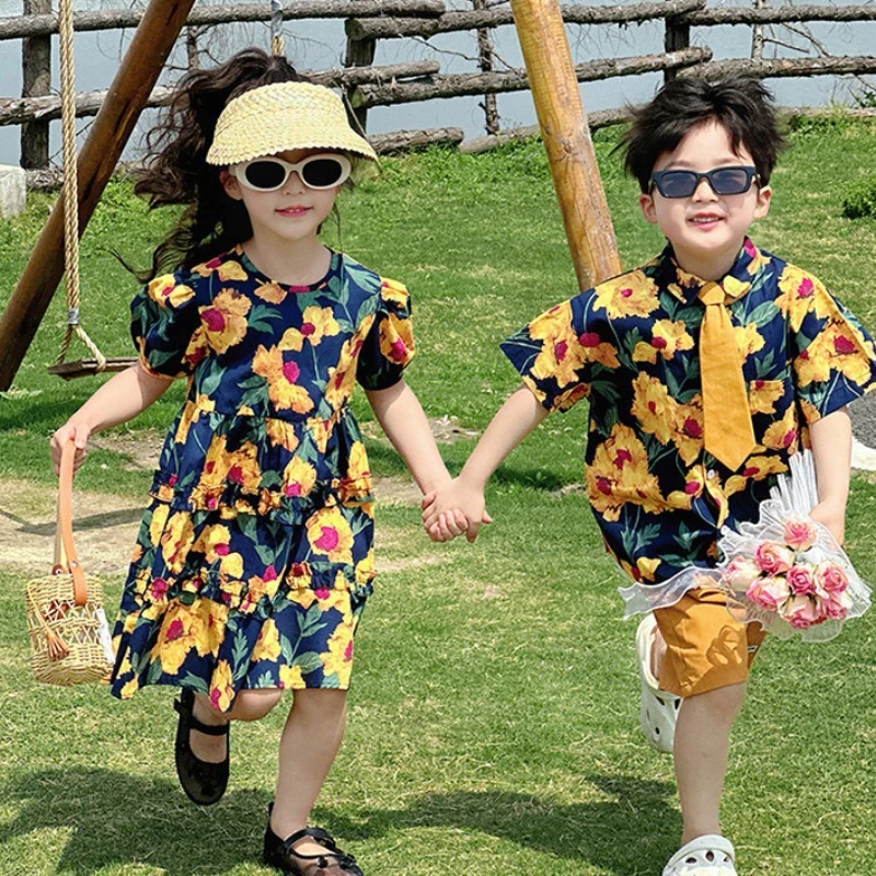 Brother Sister Holiday Matching Outfit Vacation Child Girls Floral Dress Kid Boys Beach Shirts Sibling Look Baby Twins Clothes