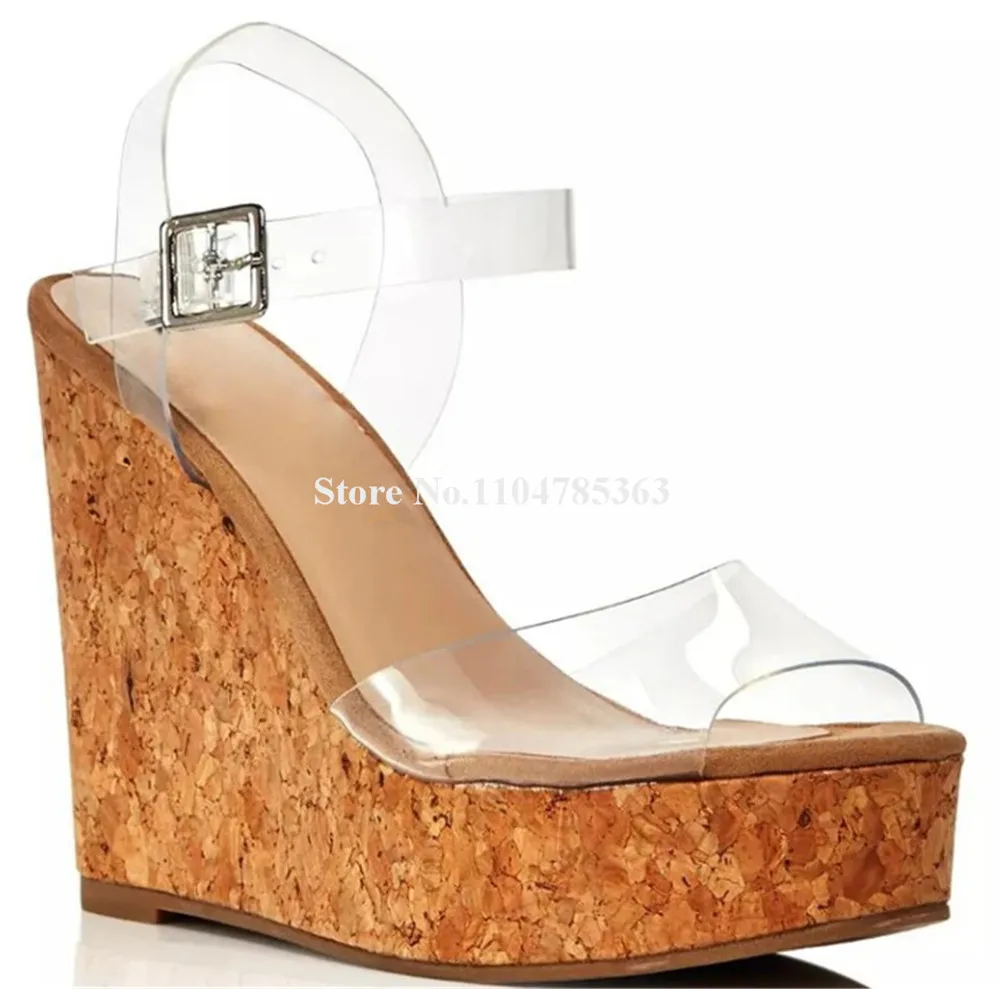 

Clear PVC Patchwork Wooden Wedge Heel Sandals Peep Toe Transparent High Platform Ankle Buckles Wedges Big Size Wedge Heels