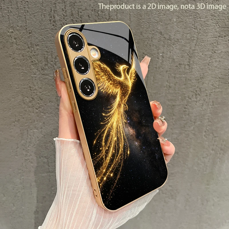 2D Phoenix Pattern Flowing Light Phone Case for Samsung Galaxy S26 S25 S24 S23 S22 S21 S20 A56 A55 Golden Glass Protective Cover