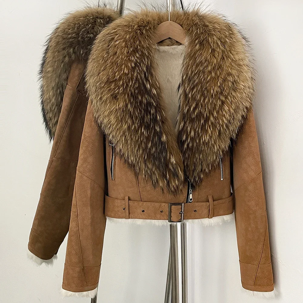 OFTBUY Luxus-Gürtel Natürlicher Kaninchenfellmantel Damen Kurze Wildlederjacke mit Echtfuchs-Fellkragen Neue Herbst-Warmbekleidung für Frauen – Detail 26
