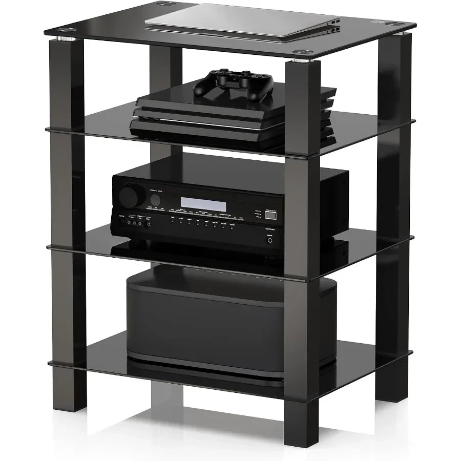 4-Tier Media Stand for Audio Equipment with Tempered Glass Shelves, Black, Modern Design and Heavy-Duty Stability