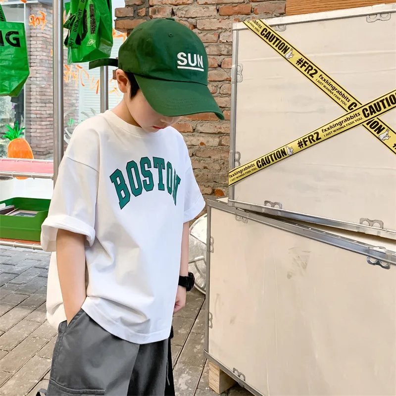 Ropa de verano para niños, Camiseta estampada de manga corta, camisetas de algodón para niños, cuello redondo, moda para niños