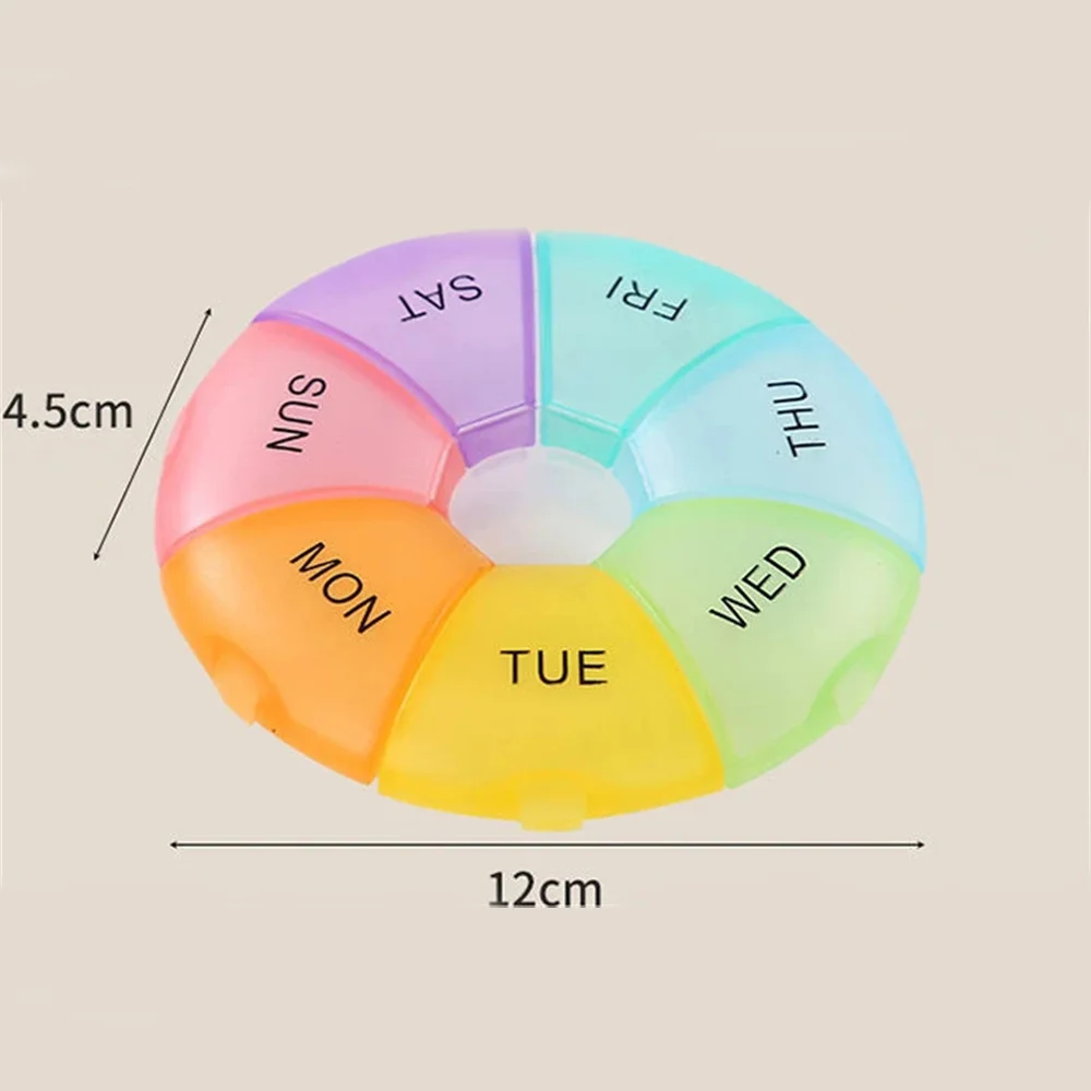 1PC Multicolor Round Pill Box Plastic 7 Days Weekly Pill Candy Box Portable Storage Pill Holder Travel Organizer Pill Container