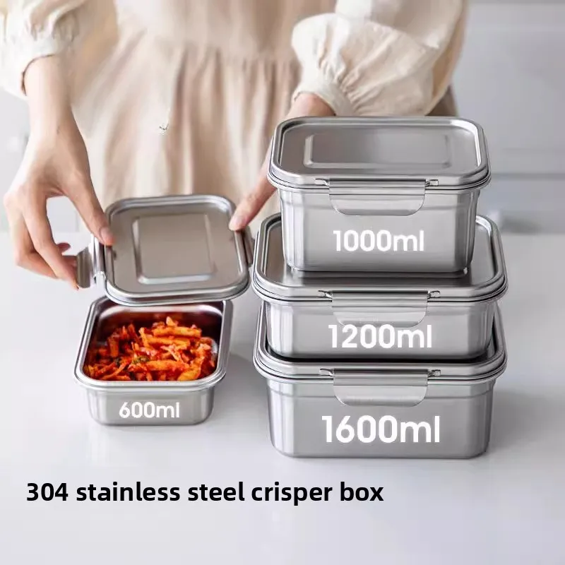 

304 Stainless Steel Food Storage Container Vintage Meal Prep Tray with Lid Food Grade Lunch Box Refrigerator Sealing Box
