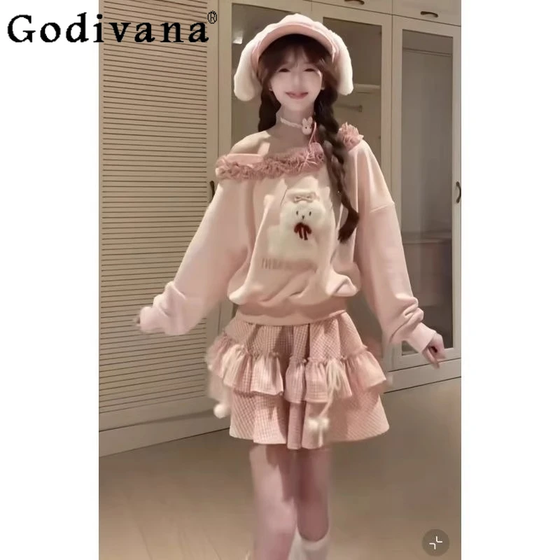 

Girl Long Sleeve Short Sweatshirt Puffy Skirt Outfit Sweet and Cute Pure Desire Style Pink Suits Women's Japanese Lolita Set