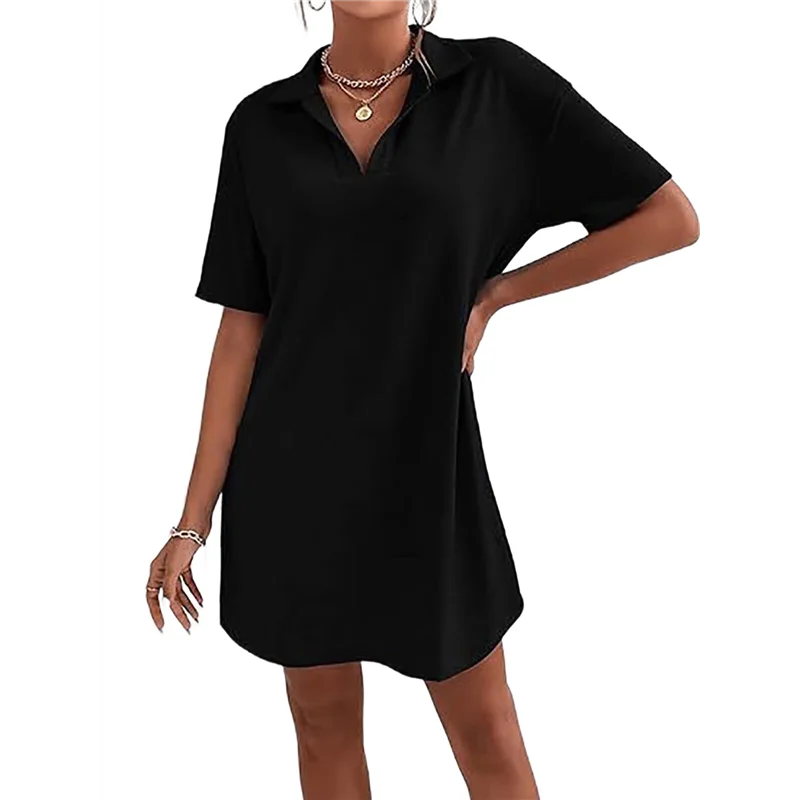 فستان نسائي صيفي برقبة على شكل حرف V صيفي بأكمام قصيرة وفضفاض غير رسمي بياقة تي شيرت