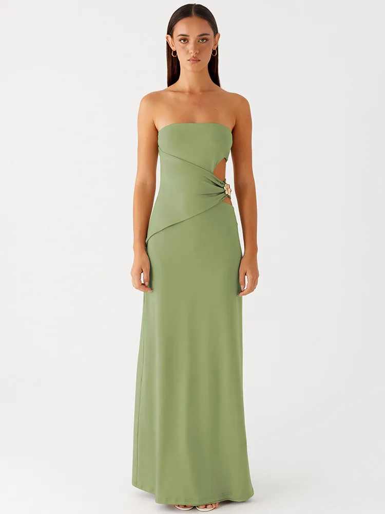 Absobe strapless uitgesneden a-lijn maxi-jurk voor dames mouwloze effen kleur rugloze jurk met metallic sexy elegante feestkleding