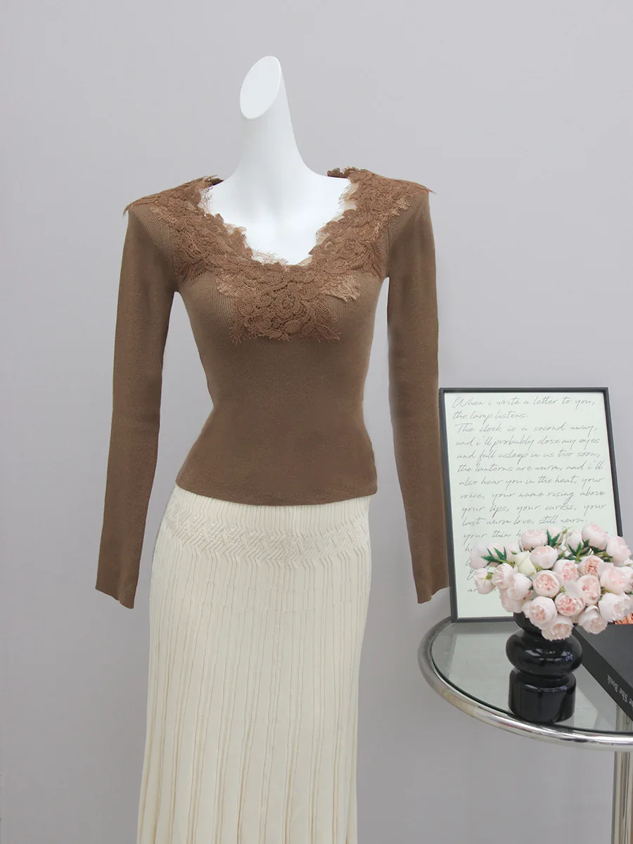 

Soft Keyframe Lace Embroidery Wool Sweater Knitted Top Women's Csole Inner Wear Simple Sle Slim Fit Long Sve V-Ne