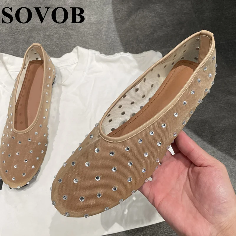 

Spring Summer Mesh Sparkling Rhinestone Ballet Shoes Women Round Toe Retro Breathable Flat Shoes Shallow Mouth Soft Sole Loafers