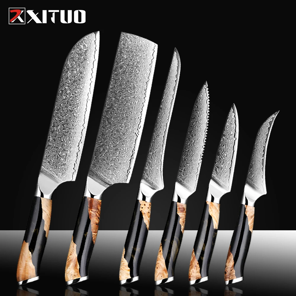 XITUO Damaszener Stahl Küchenmesser-Set 1-6 Stück, Japanisches Kochmesser, Santoku-Messer, Universalmesser, Extrem Scharf für Müheloses Schneiden