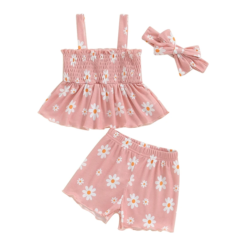 

Toddler Baby Girls Summer Outfits Daisy Ruffle Sleeveless Tank Tops Floral Shorts Set 3Pcs Summer Clothes 3M-4T