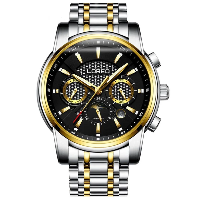 LOREO Skeleton Flywheel Mens Wristwatch Seagull Movement Waterproof Luminous Dual Calendar Stainless Steel Automatic Watch