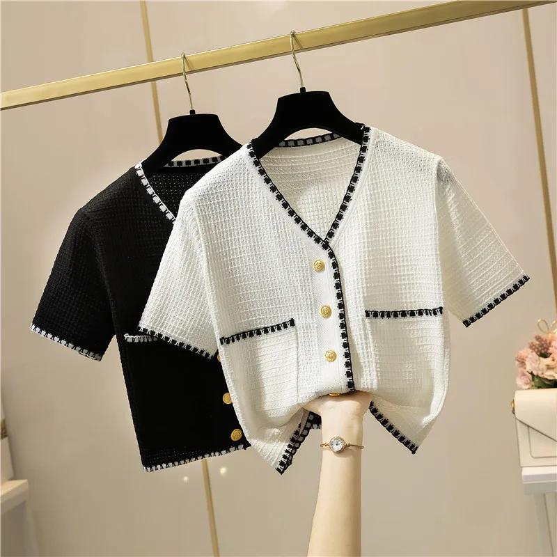 

2025 Women Shirt Summer New V-neck Short sleeved Women's Elegant Style Short Knitted Cardigan Thin Coat Knitted Top girl Blouses