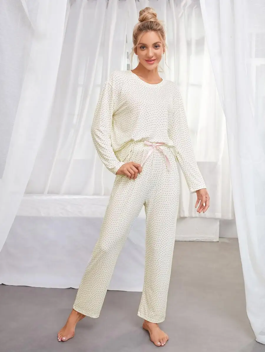 

Polka Dot Drop Shoulder Bow Front Pajama Set Women Cozy Elegant Sleepwear