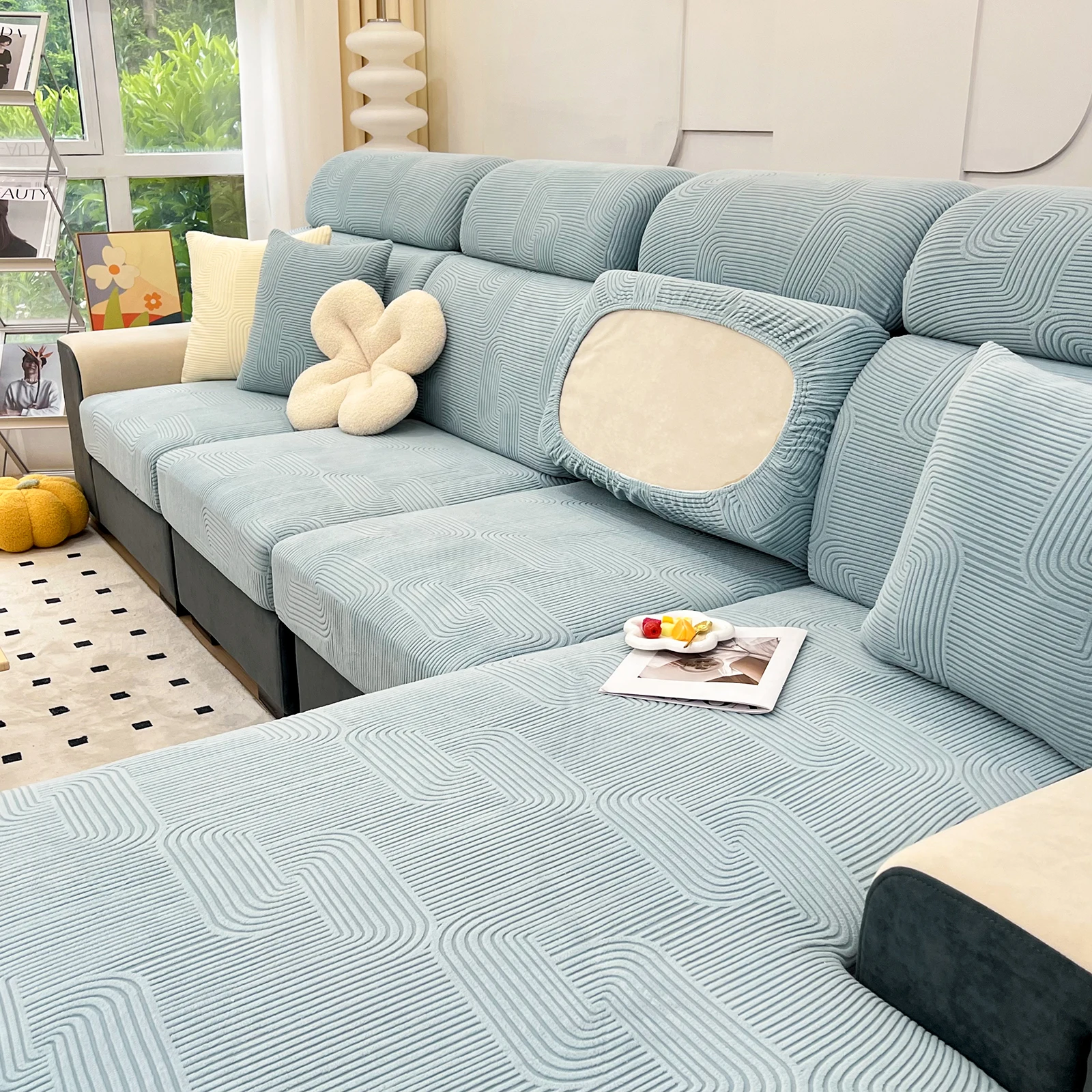 Sectional Couch Covers Stripe Texture Wear-Resistant Super Stretch Non Slip Washable Sofa Slipcovers