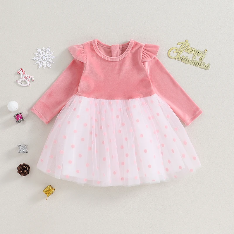 Suefunskry Baby Girls Autumn Winter A-line Dresses Long Sleeve O-Neck Dot Print Tulle Patchwork Dress for Christmas 3-24Months