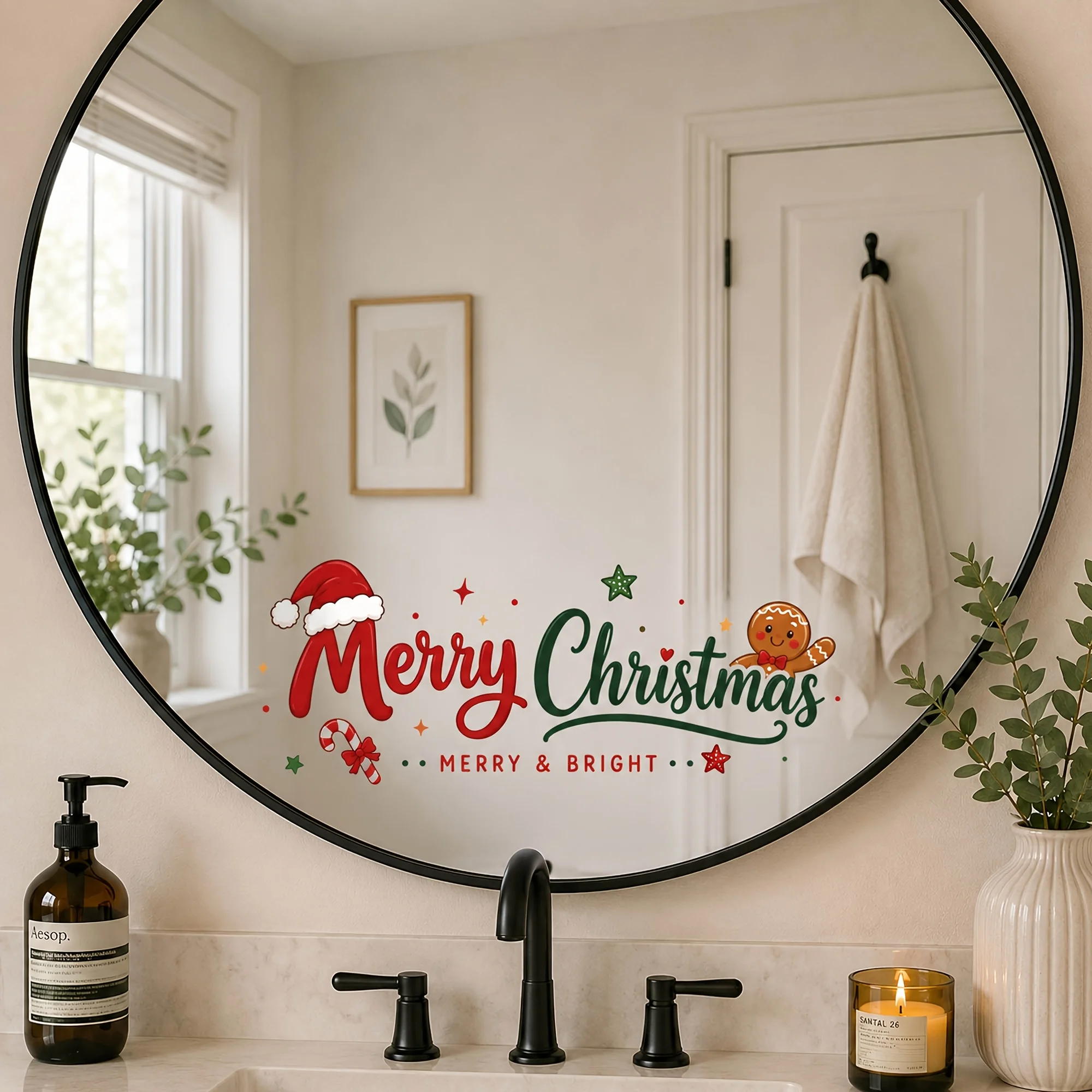 Merry Christmas Mirror Decal, Santa Hat Gingerbread Candy Cane Star,Self-Adhesive Vinyl Sticker for Home Glass Holiday Decor