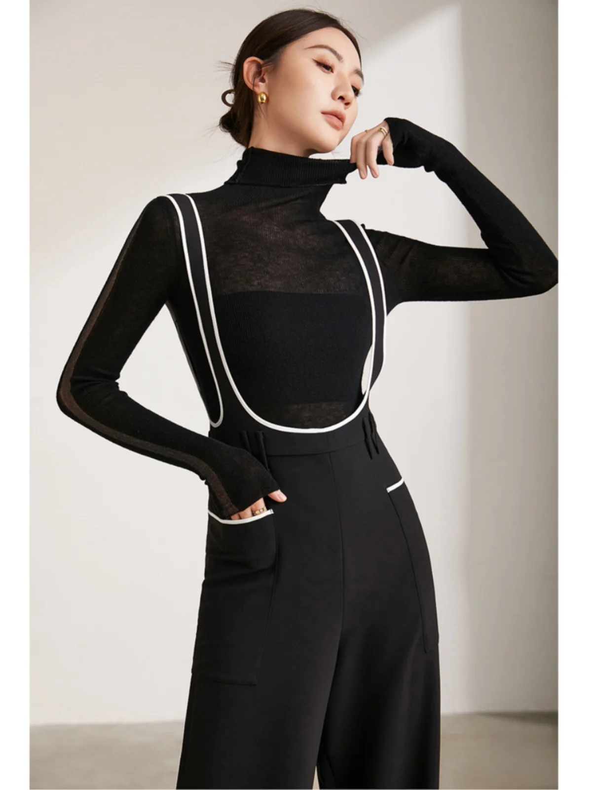 

Женский комбинезон с широкими штанинами, брюки с высокой талией, цвет блузки, контрастный дизайн, оригинальный дизайн, длинные брюки, осень-зима для похудения