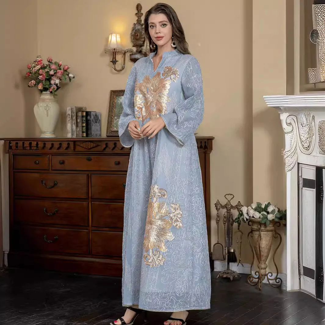 

Middle East Saudi Muslim Robe Dubai Embroidered Lace Fashion Dress Simple Temperament Elegant Resort Style High-end Banquet Part