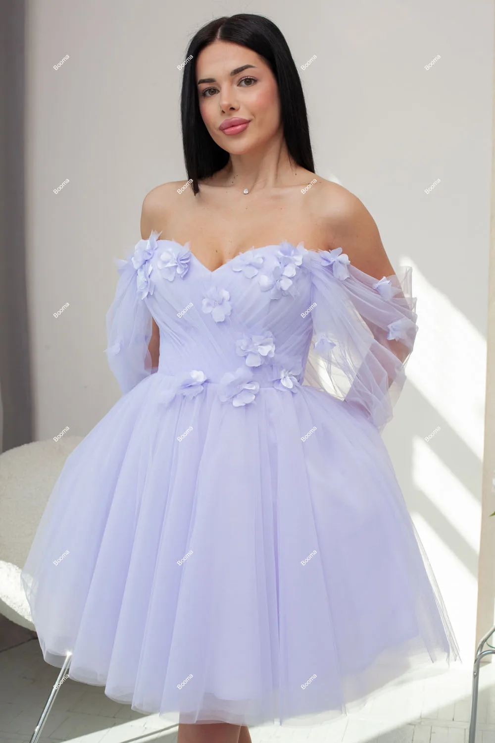 Booma Lavender A-Line Short Prom Dresses Off Shoulder 3D Flowers Tulle Coktail Gowns for Women Birthday Party Dress