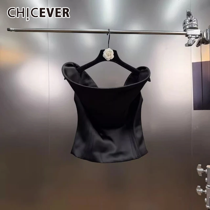 

CHICEVER черная шикарная футболка со складками, женская футболка с разрезом на шее, без рукавов, элегантные интеллектуальные женские футболки, новинка моды